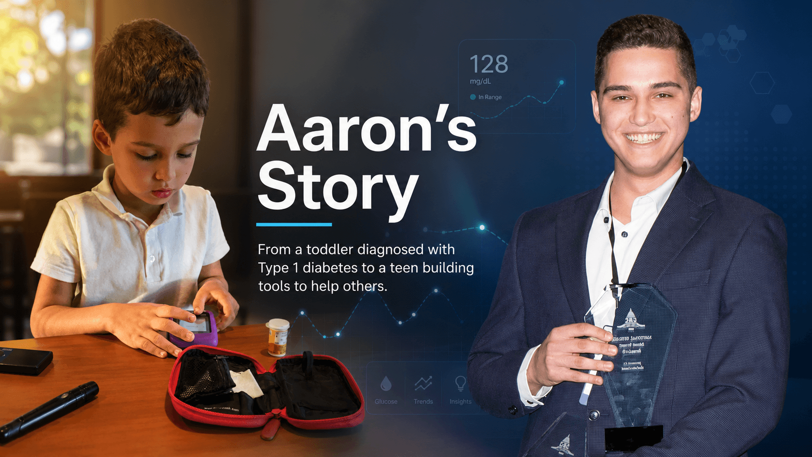 Aaron's Story, from a toddler diagnosed with Type 1 diabetes to a teen building tools to help others. On the left, Aaron as a young child using a blood glucose meter from an open testing kit; on the right, Aaron today holding the Congressional App Challenge national winner trophy.