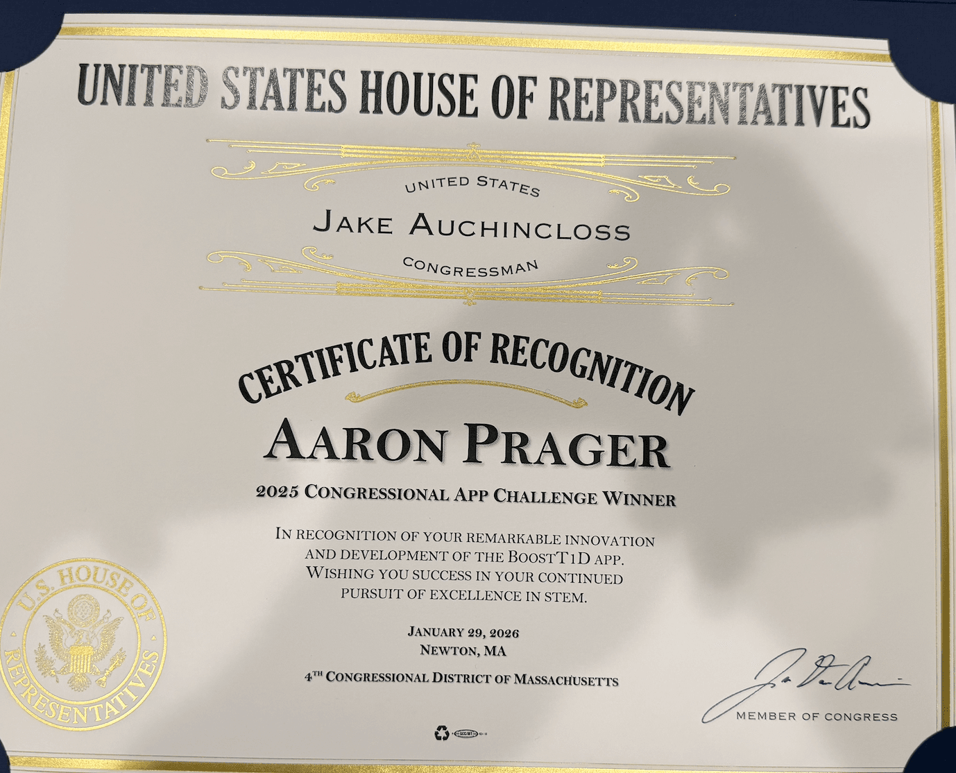 Certificate of recognition naming Aaron Prager the 2025 Congressional App Challenge winner for MA-04
