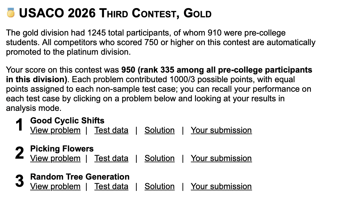 USACO 2026 third contest results: Gold division score of 950, qualifying for automatic promotion to the Platinum division
