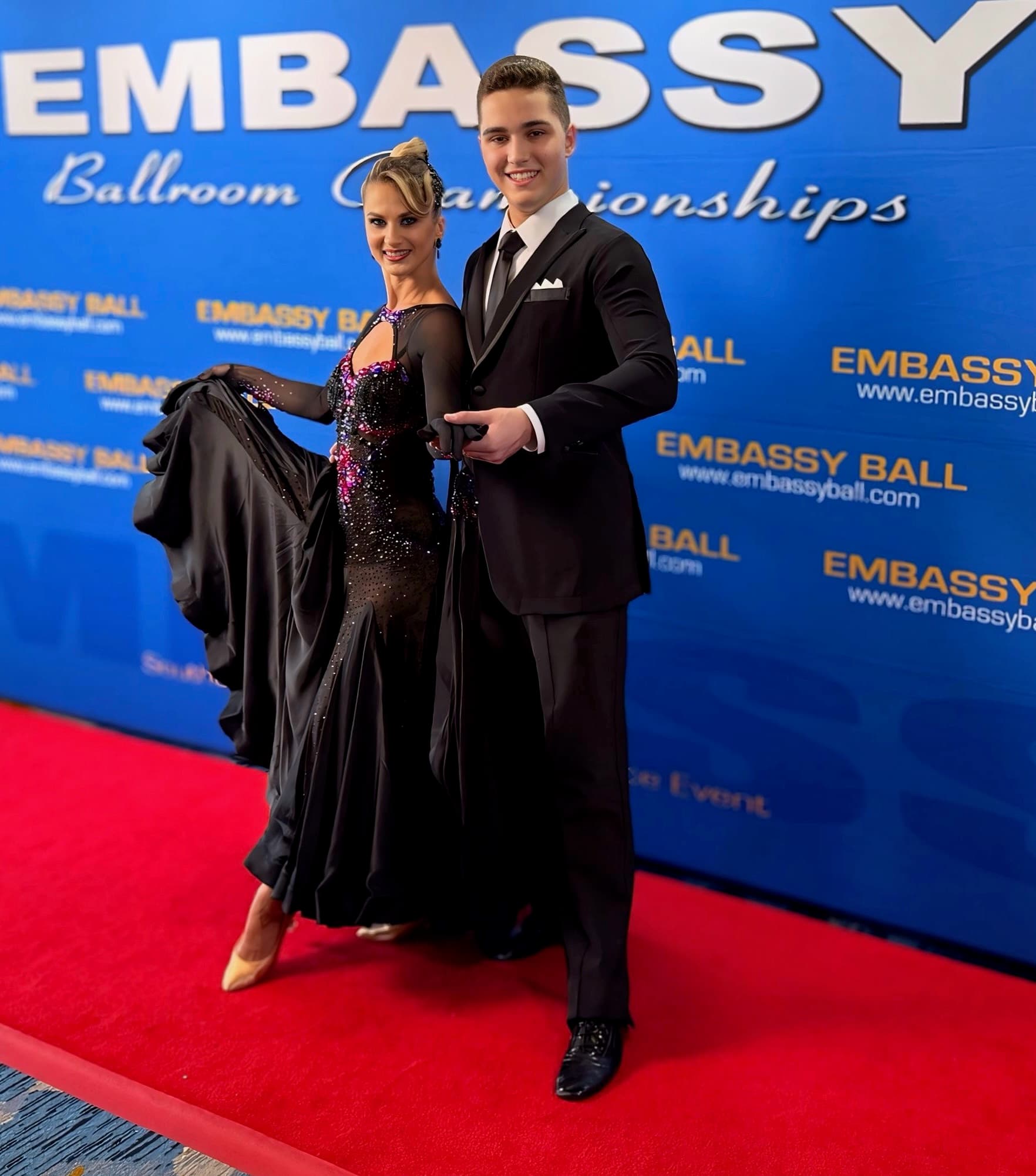 Aaron Prager and his partner Anna Zotova in International Ballroom costume at the Embassy Ball Ballroom Championships