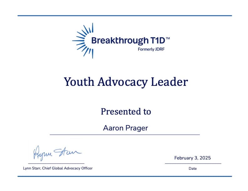 Breakthrough T1D Youth Advocacy Leader certificate presented to Aaron Prager, dated February 3, 2025